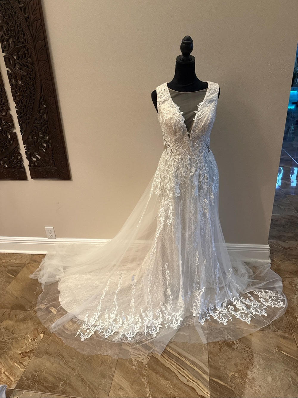 Signature by Levi Strauss Ivory Lace A-Line Wedding Gown with Illusion V-Neck